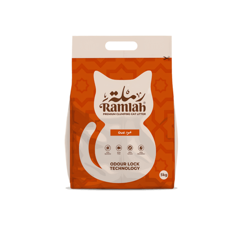 Bag of Ramlah Premium Clumping Cat Litter with activated carbon.