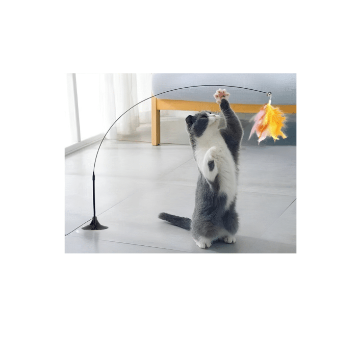 Interactive Cat Teaser Toy – Retractable Wire Wand with Suction Cup Base, Colorful Feather & Bell - Image 2