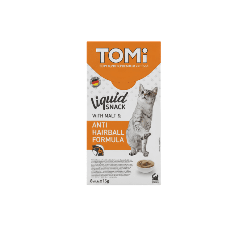 Tomi Super premium Cat Food Liquid Snack Anti Hairball Formula With Malt 8 Sticks x 15g